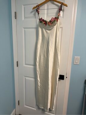 Showpo Cream Maxi Slip Dress with Floral Embroidered Straps